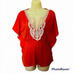 𝅺streetwear Casual Summer Boho embroidered orange Top, Size Large